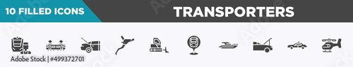 set of 10 filled transporters icons. editable glyph icons such as train operator, tram side view, trunk open, brakes, bulldozer side view, checkpoint, yacht side view, police car vectors.