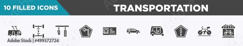 set of 10 filled transportation icons. editable glyph icons such as trolleybus, 4wd, brake pedal, left turn, driving pass, station wagon, tuc tuc, road bike vectors.