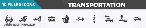 set of 10 filled transportation icons. editable glyph icons such as all terrain, shift, authorized dealer, double decker bus, road trip, , shock absorber, instructor vectors.