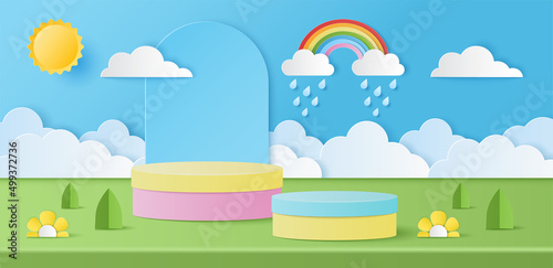 Paper cut of summer banner with pastel color cylinder podium and sun, cloud, rainbow, drops rain for products display presentation. Vector illustration