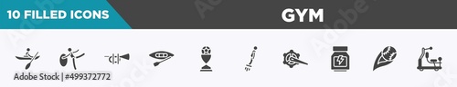set of 10 filled gym icons. editable glyph icons such as kayaking, rhythmic gymnastics, ets, canoeing, football trophy, flyboard, crank arm, strike vectors.