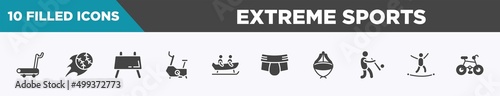 set of 10 filled extreme sports icons. editable glyph icons such as treadmill hine, home run, buck, stationary bicycle, bobsledding, jockstrap, asian hat, highlining vectors.