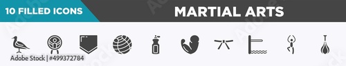 set of 10 filled martial arts icons. editable glyph icons such as seagulls, zorbing, home plate, fitness ball, sport bottle, muscles, black belt, yoga pose vectors.