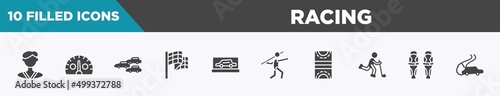 set of 10 filled racing icons. editable glyph icons such as karateka, kmh, apex, victory lap, backup car, javelin, hockey pitch, shin vectors.
