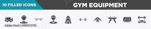 set of 10 filled gym equipment icons. editable glyph icons such as ice resurfacer, waterpolo player, longboard, polo player, horsewoman, barbell, hang gliding, push up vectors.