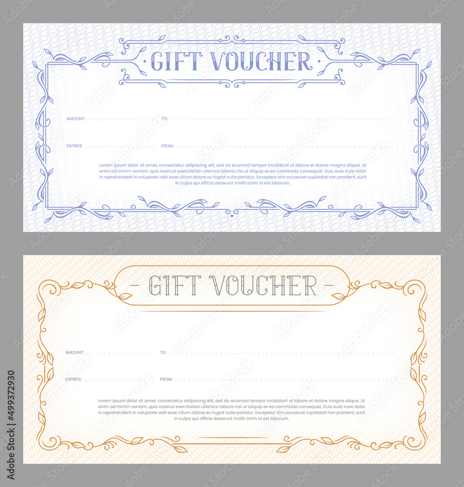 Gift vouchers templates with ornate frames. Design concept for gift coupon, invitation, certificate, flyer, ticket. Stock vector illustration.