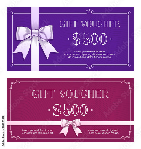 Gift vouchers templates with bow ribbons guilloche curves. Design concept for gift coupon, invitation, certificate, flyer, ticket. Stock vector illustration.