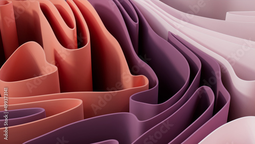 Pink and Purple 3D Waves arranged to create a Multicolored abstract wallpaper. 3D Render.   photo