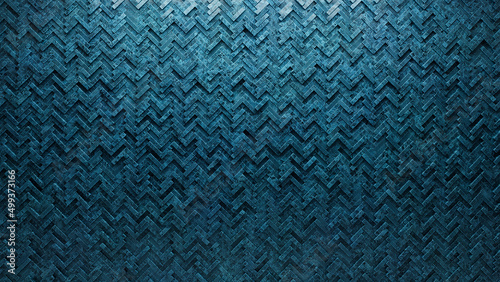 Polished, Glazed Mosaic Tiles arranged in the shape of a wall. 3D, Herringbone, Bricks stacked to create a Blue Patina block background. 3D Render photo