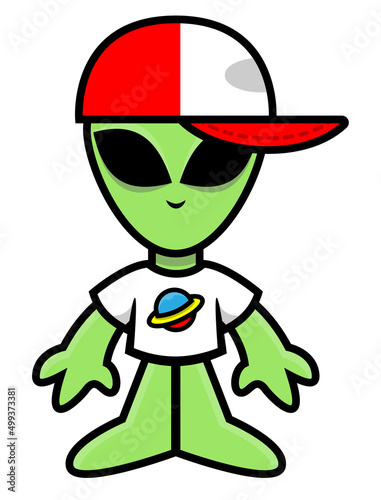 Cartoon illustration of Cute Green Alien wearing t-shirt with UFO drawn and cap, best for mascot, logo, and sticker with extraterrestrial world themes