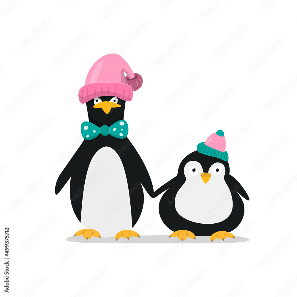 Obraz premium Cute penguins holding hands isolated on white background