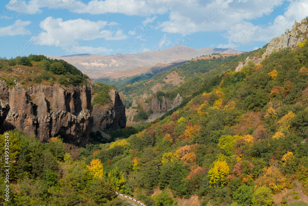 Picturesque view to scenic landscape ravine. canyon and gorge in Armenia near Jermuk town. Forest meadows and hills. River gorge in mountains panorama stock photography
