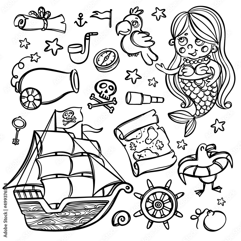 Pirate ship and mermaid monochrome with skull flag on mast hand drawn 