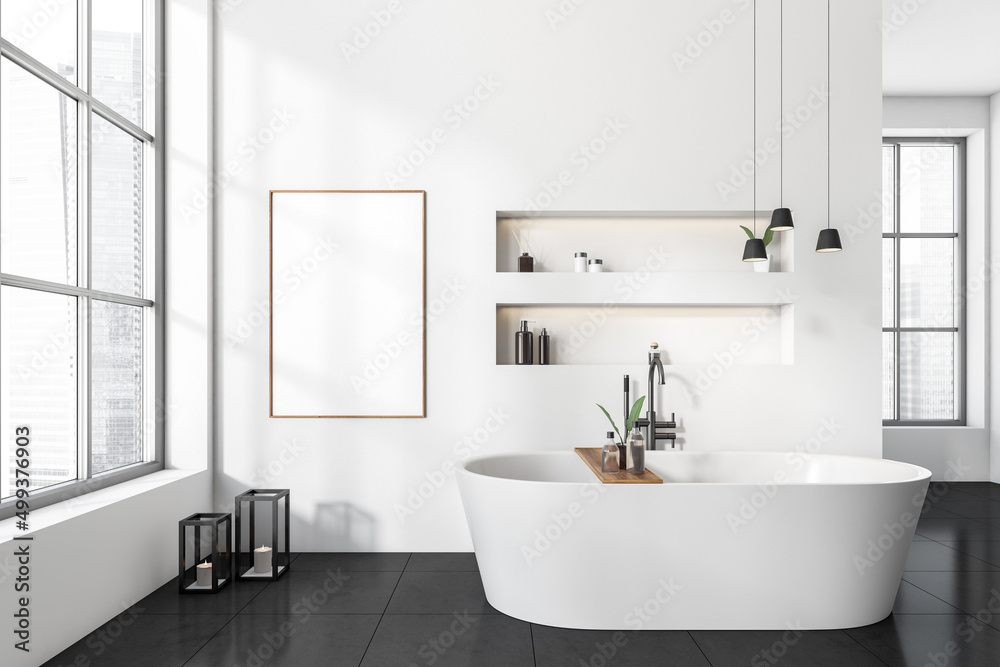 Fototapeta premium Light bathroom interior with bathtub and panoramic window. Mockup frame