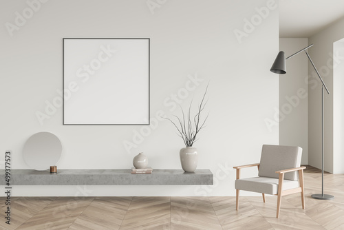 Light lounge room interior with seat and shelf. Mockup frame