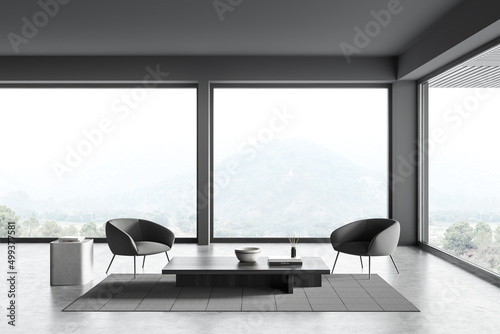 Relax room interior with chair  coffee table and panoramic window