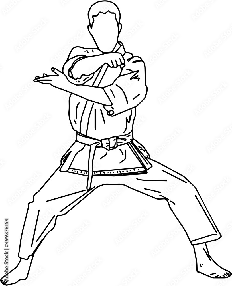 Outline sketch drawing of Karate sport, line art illustration of Karate