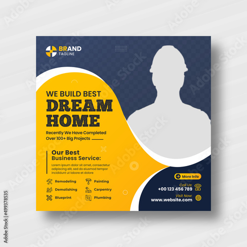 Construction and house renovation services flyer social media post and web banner template