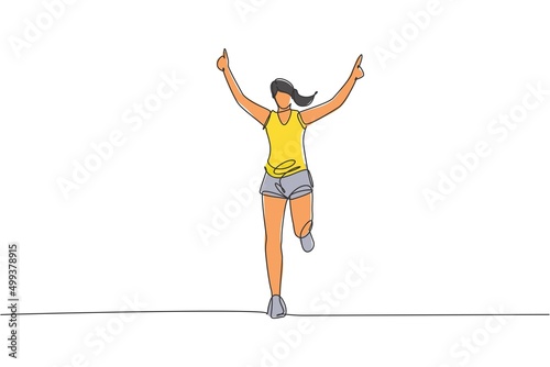 Fototapeta Naklejka Na Ścianę i Meble -  One continuous line drawing of young woman athlete runner reach finish line. Individual sport, competitive concept. Dynamic single line draw design vector illustration for running competition poster