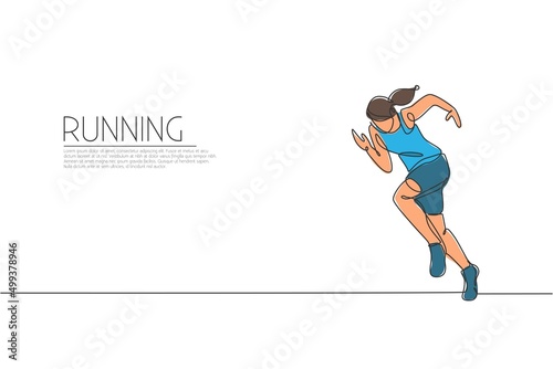 One continuous line drawing of young woman athlete runner focus sprint fast. Individual sport, competitive concept. Dynamic single line draw design vector illustration for running competition poster