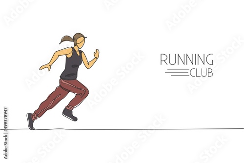 Single continuous line drawing young agile woman runner run relax. Individual sport with competition concept. Trendy one line draw design graphic vector illustration for running tournament promotion © Simple Line