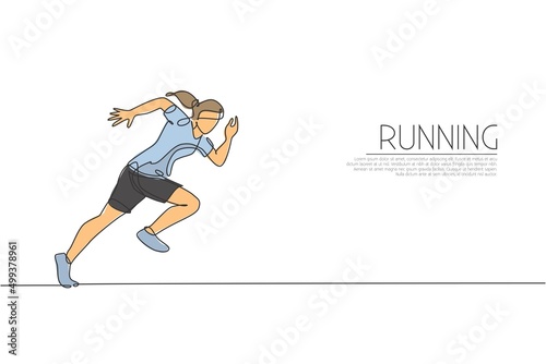 One single line drawing of young energetic woman runner focus to sprint run vector illustration. Individual sports, training concept. Modern continuous line draw design for running competition banner © Simple Line