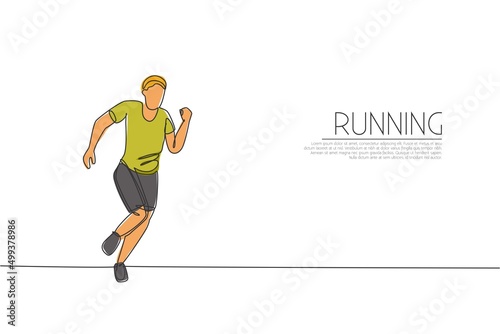 Single continuous line drawing of young agile man runner try to reach finish. Individual sport and competition concept. Trendy one line draw design vector illustration for running tournament promotion