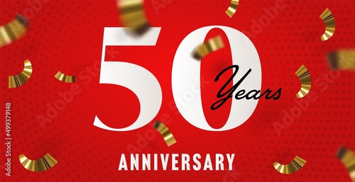 50 years anniversary party vector banner template. Fifty year jubilee greeting with golden confetti decoration on red spotted background