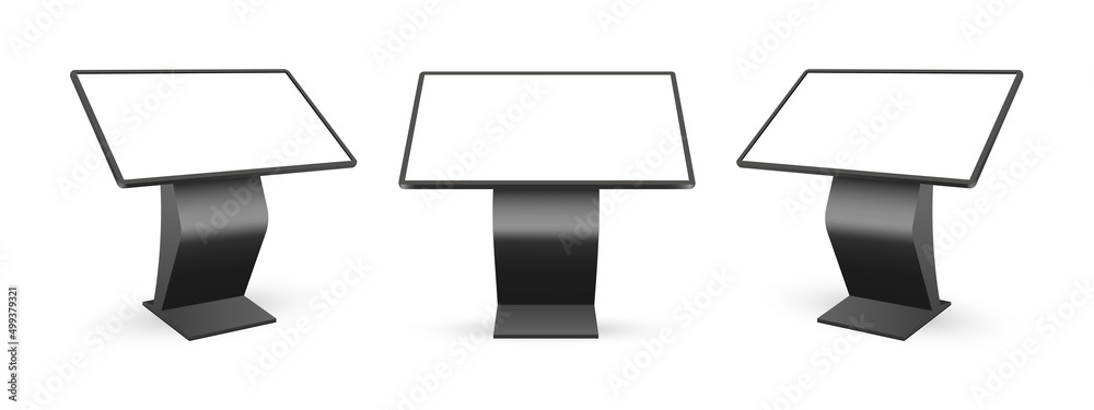 Black Interactive Digital Signage With Blank Touch Screen, Front and Side View. Isolated on White Background. Vector Illustration