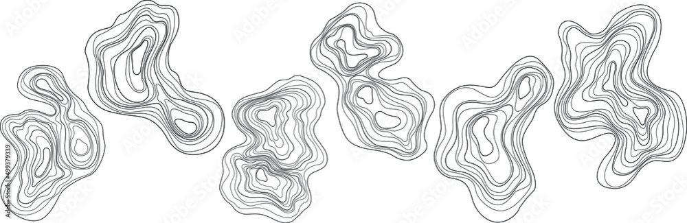 Fototapeta premium Set of abstract tree rings. Vector topographic map design elements. Contour map concept. Thin wavy lines.