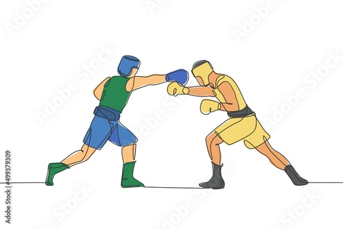 One single line drawing of two young energetic men boxer attack each other at boxing match vector illustration. Sport combative training concept. Modern continuous line draw design for boxing banner
