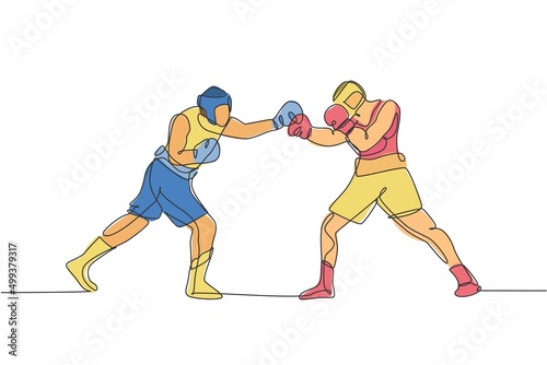 One continuous line drawing of two young sporty men boxer duel at boxing ring. Competitive combat sport concept. Dynamic single line draw design vector illustration for boxing match promotion poster