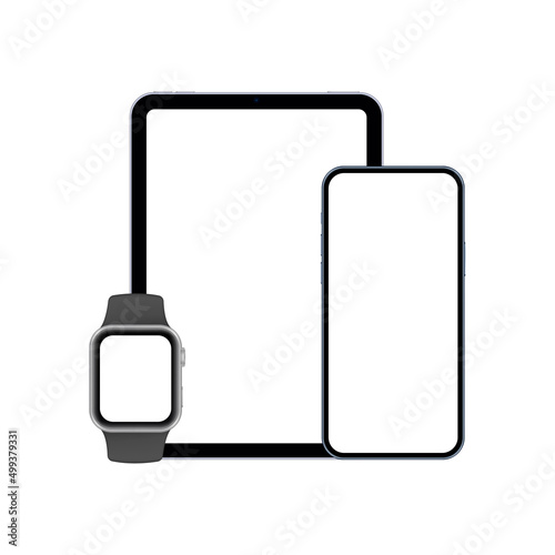 Tablet, Smartphone, Smart Watch Mockup with Blank Screens, Isolated on White Background. Vector Illustration