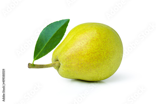 Pear fruit with green leaf isolated on white background.