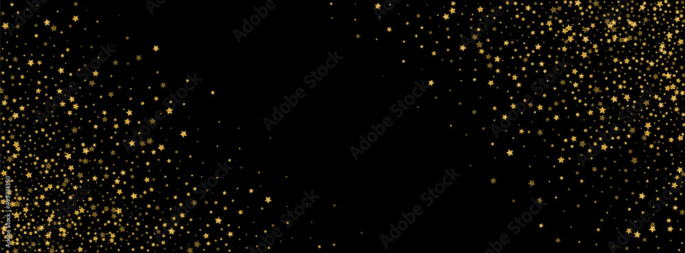 Golden Stars Background Black Vector. Spark Tiny Texture. Bright Pattern. Fantasy Frame. Shiny Sequin Year. - obrazy, fototapety, plakaty 