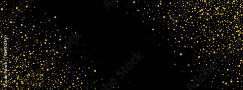 Golden Stars Background Black Vector. Spark Tiny Texture. Bright Pattern. Fantasy Frame. Shiny Sequin Year.