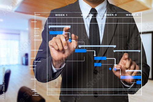 Obraz na plátně Project manager working and update tasks with milestones progress planning and Gantt chart scheduling diagram