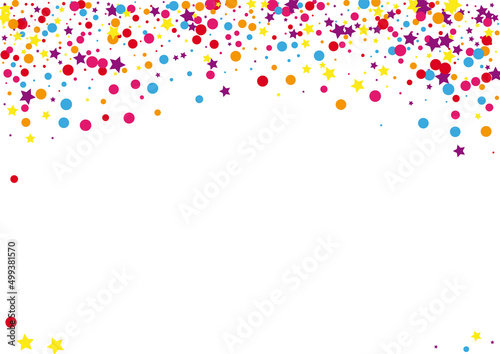 Colorful Confetti Background White Vector. Round Anniversary Texture. Rainbow Gift. Multicolored Polka Group. Dot Prize Frame.