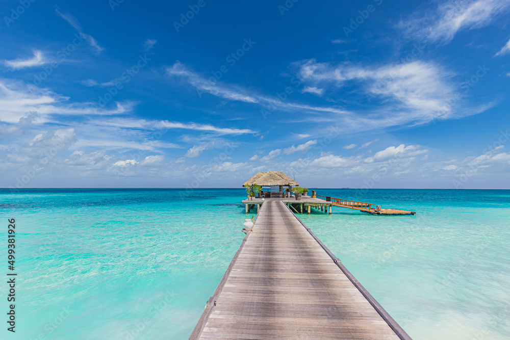Beautiful Maldives island beach. Palm trees, sea sand sky, water villa long wooden pier pathway. Tropical vacation and summer holiday concept Luxury travel landscape, amazing tourism lifestyle scenic