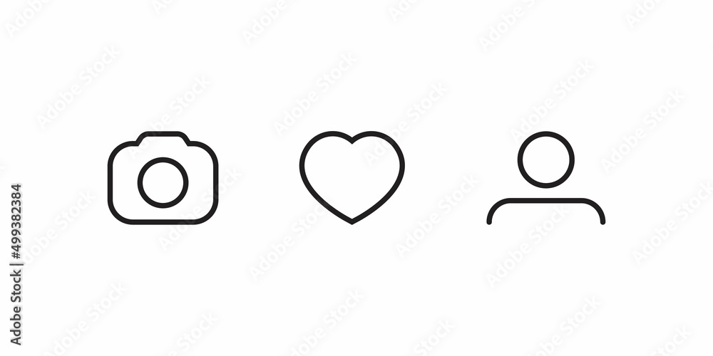 Camera, Love, and Profile Avatar Icon in Line Style. Social Media Element Symbols Camera, Love, and Profile Avatar Icon in Line Style. Social Media Element Symbols