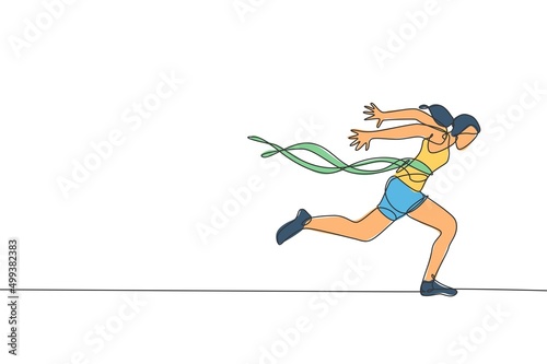 One single line drawing of young energetic woman runner crosses finish line and break the tap vector illustration. Healthy sport concept. Modern continuous line draw design for running race banner