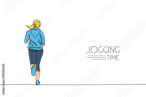 One continuous line drawing of young sporty woman runner run relax, rear view. Health activity sport concept. Dynamic single line draw design vector illustration for running event promotion poster © Simple Line