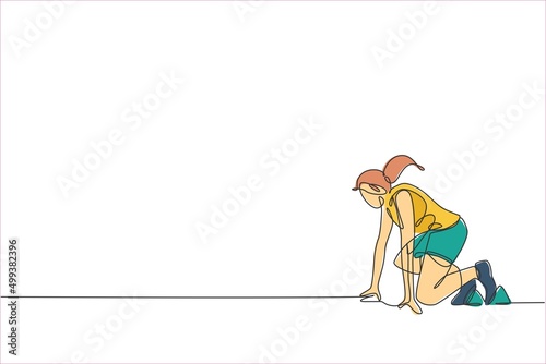 Single continuous line drawing of young agile woman runner ready to sprint fast at start line. Healthy lifestyle concept. Trendy one line draw design vector illustration for running race promotion