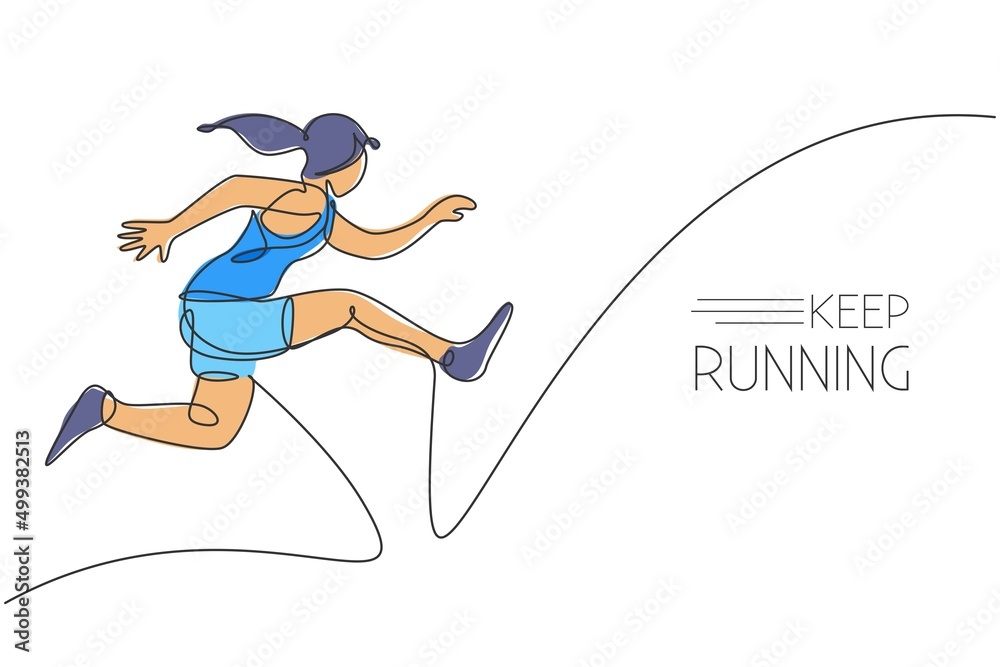 One single line drawing of young energetic woman runner practicing to jump while run vector illustration. Healthy sport training concept. Modern continuous line draw design for running race banner