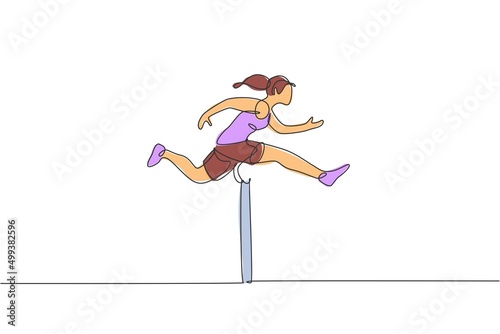 Single continuous line drawing of young happy health runner woman jump running through hurdle barrier at run track. Sport and healthy lifestyle concept. Trendy one line draw design vector illustration