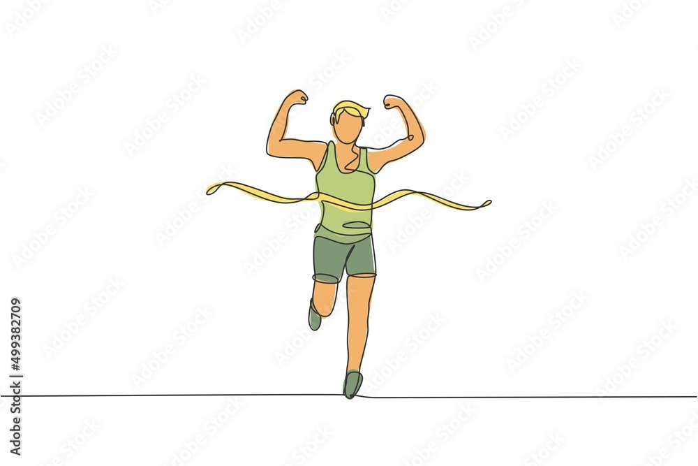 One single line drawing of young happy runner man pass finish line and hit ribbon graphic vector illustration. Healthy lifestyle and competitive sport concept. Modern continuous line draw design