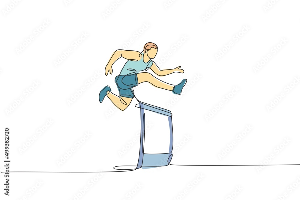 Single continuous line drawing of young happy health runner man jump running through hurdle barrier at run track. Run sport healthy lifestyle concept. Trendy one line draw design vector illustration Single continuous line drawing of young happy health runner man jump running through hurdle barrier at run track. Run sport healthy lifestyle concept. Trendy one line draw design vector illustration