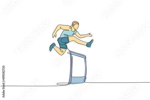 Single continuous line drawing of young happy health runner man jump running through hurdle barrier at run track. Run sport healthy lifestyle concept. Trendy one line draw design vector illustration