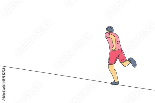 One continuous line drawing of young sporty runner man relax running at countryside. Healthy lifestyle and fun jogging sport concept. Dynamic single line draw design vector illustration graphic