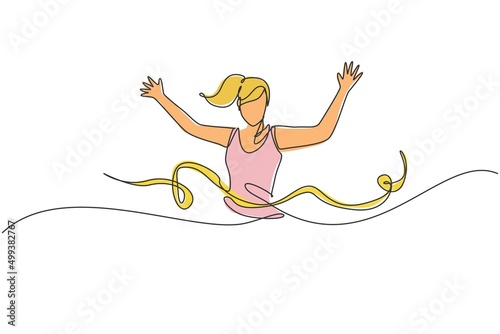 One single line drawing of young happy runner woman pass finish line and hit ribbon vector graphic illustration. Healthy lifestyle and competitive sport concept. Modern continuous line draw design